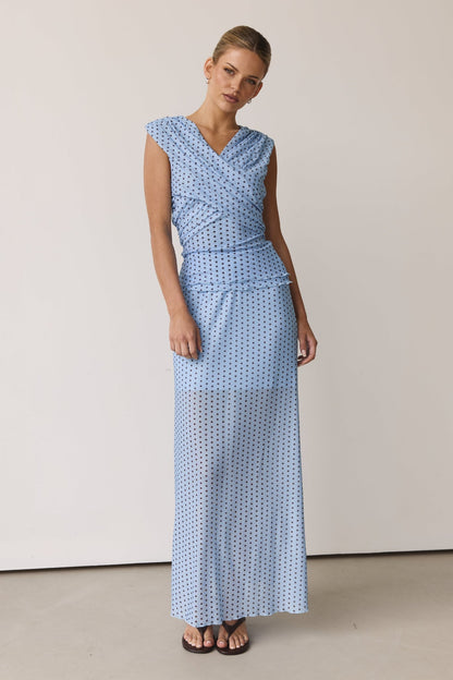 Hayse Maxi Skirt - Light Blue & Chocolate Polka Dots