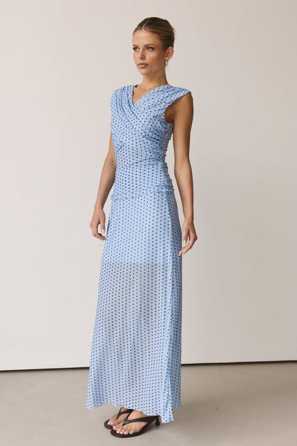 Hayse Maxi Skirt - Light Blue & Chocolate Polka Dots